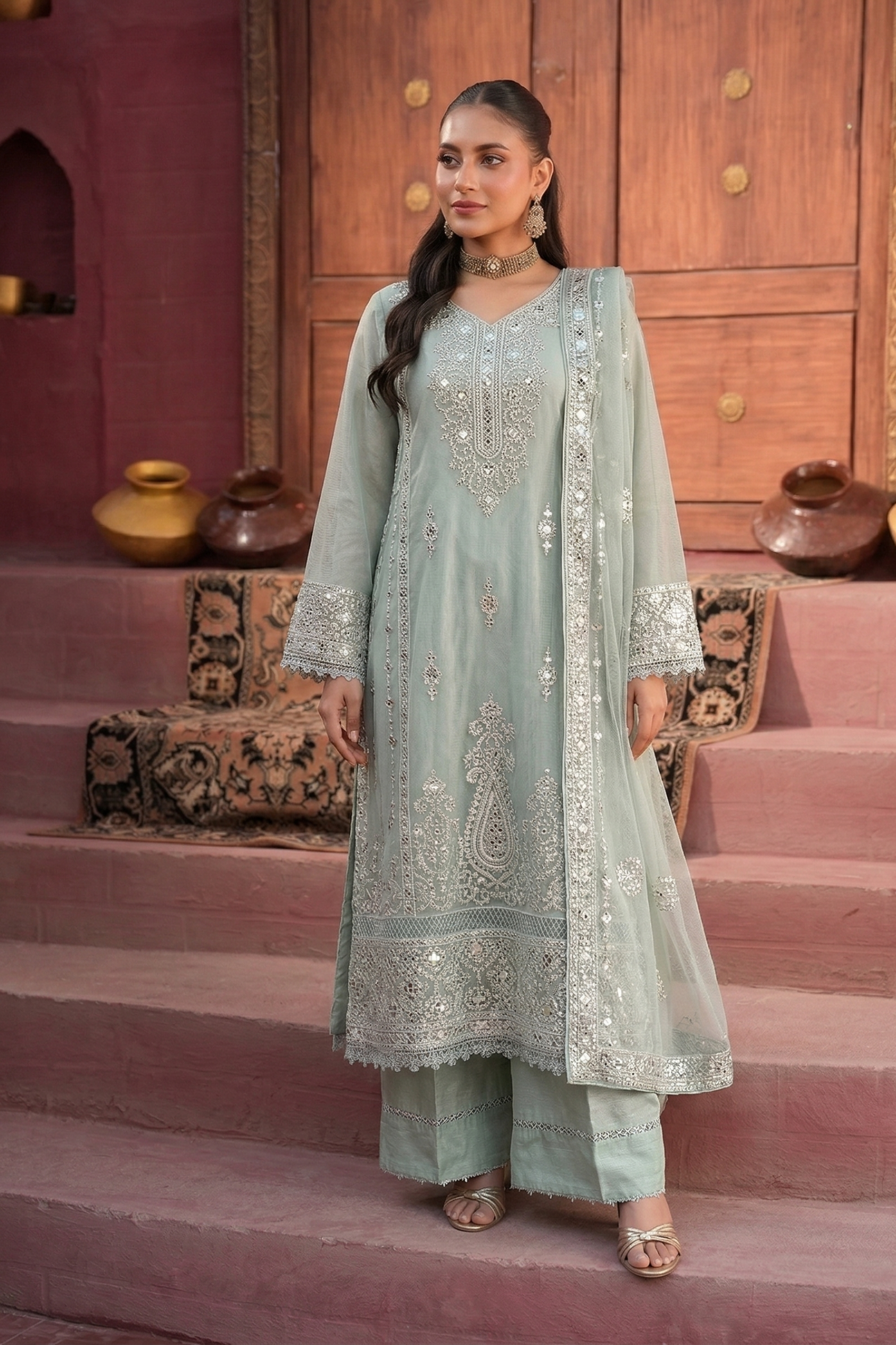 Afra Khadi 3 Piece Set - Ice Blue