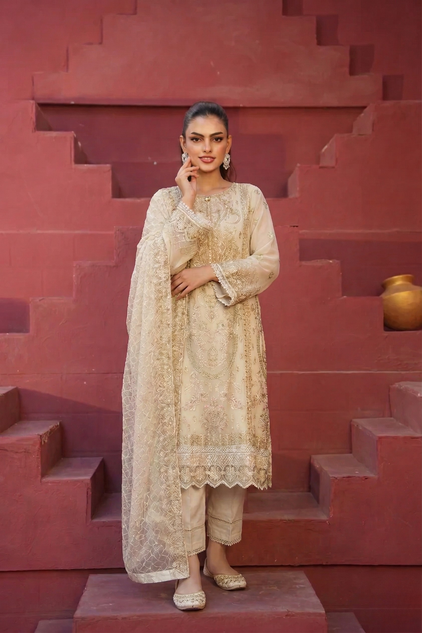 Areeba Chiffon 3 Piece Set - Pearl White