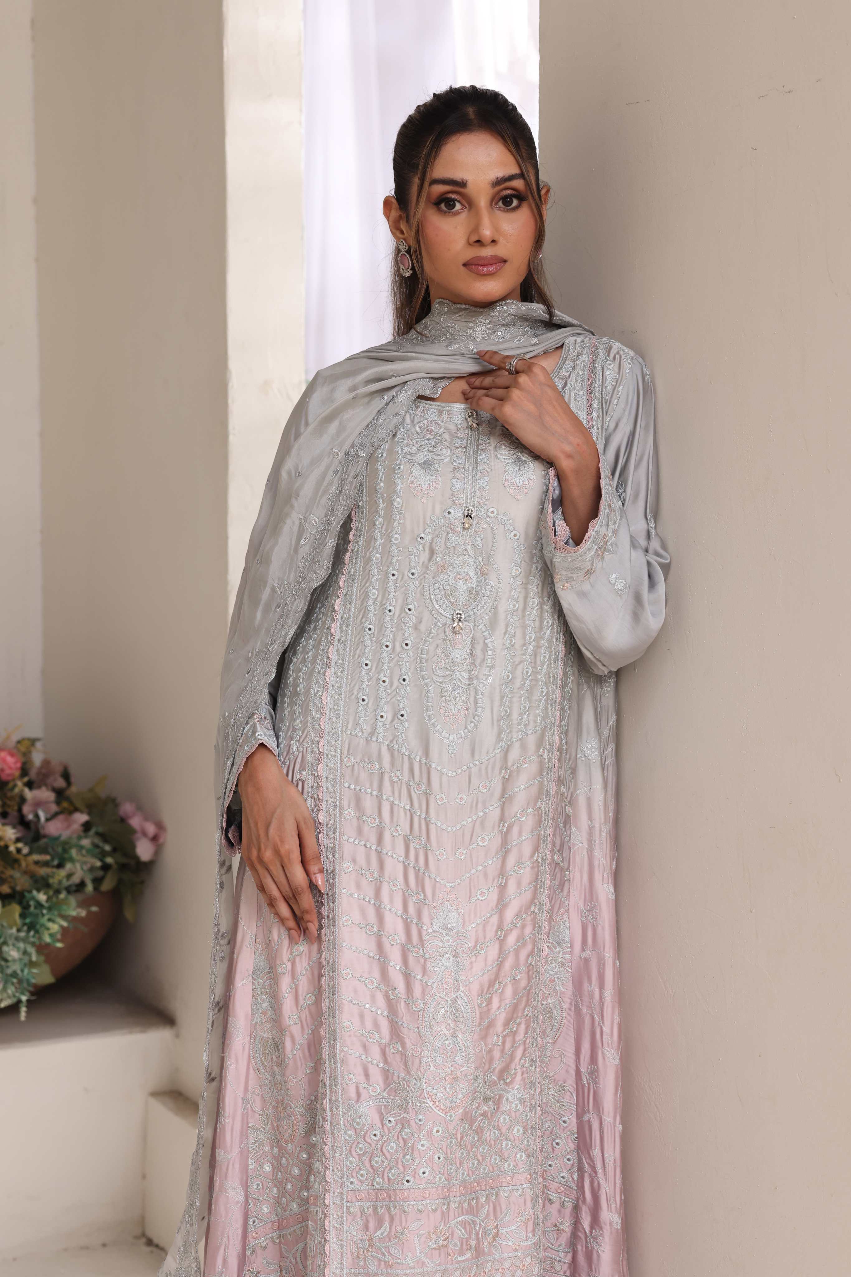 Areeba Silk Gown 3 Piece Set - Grey to Pink