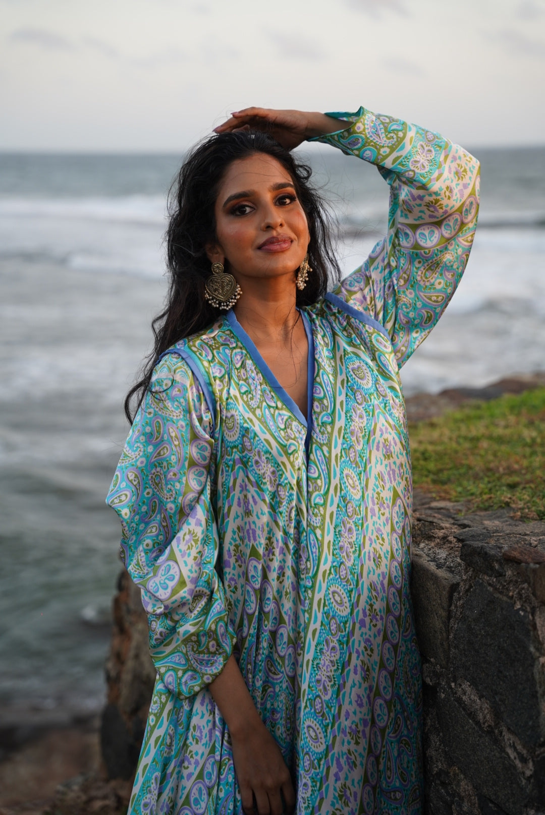 Printed Flared Kaftan - Blue & Green