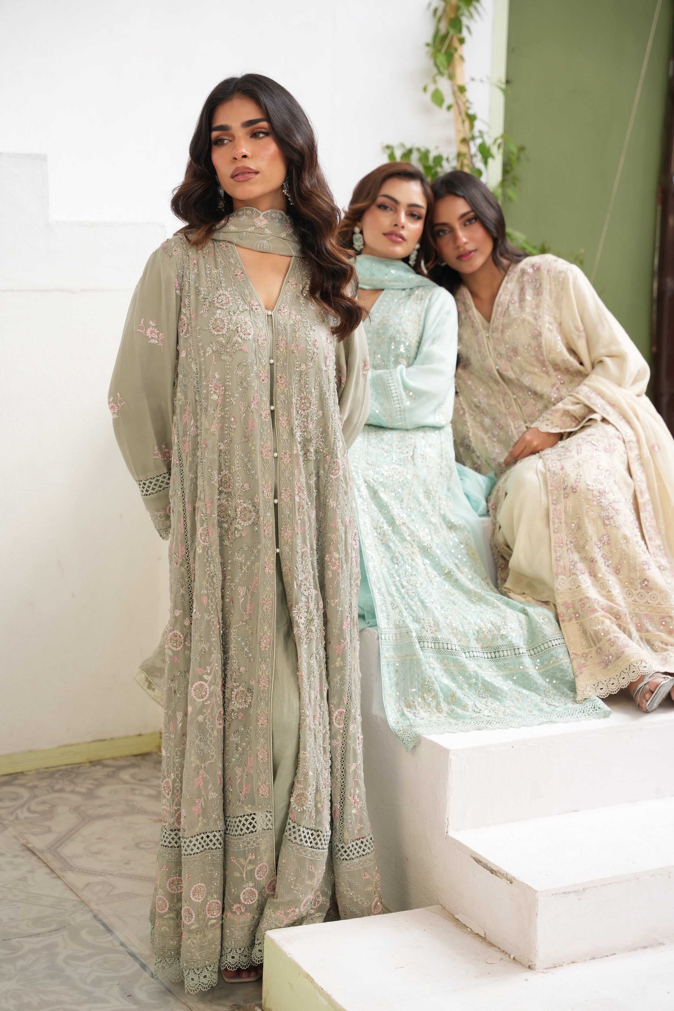 Long Freya Embelished 3 Piece Set - Olive