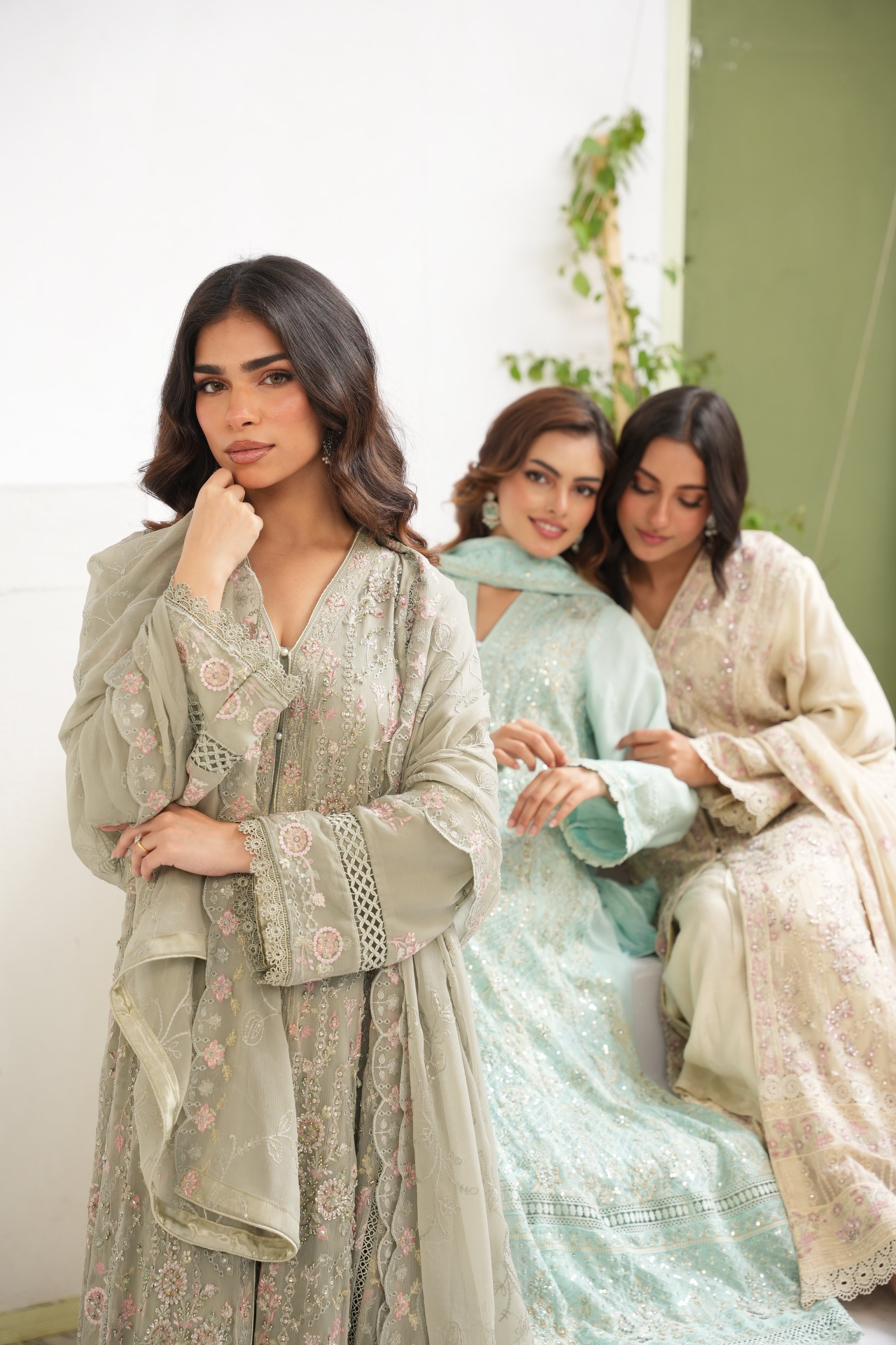 Long Freya Embelished 3 Piece Set - Olive