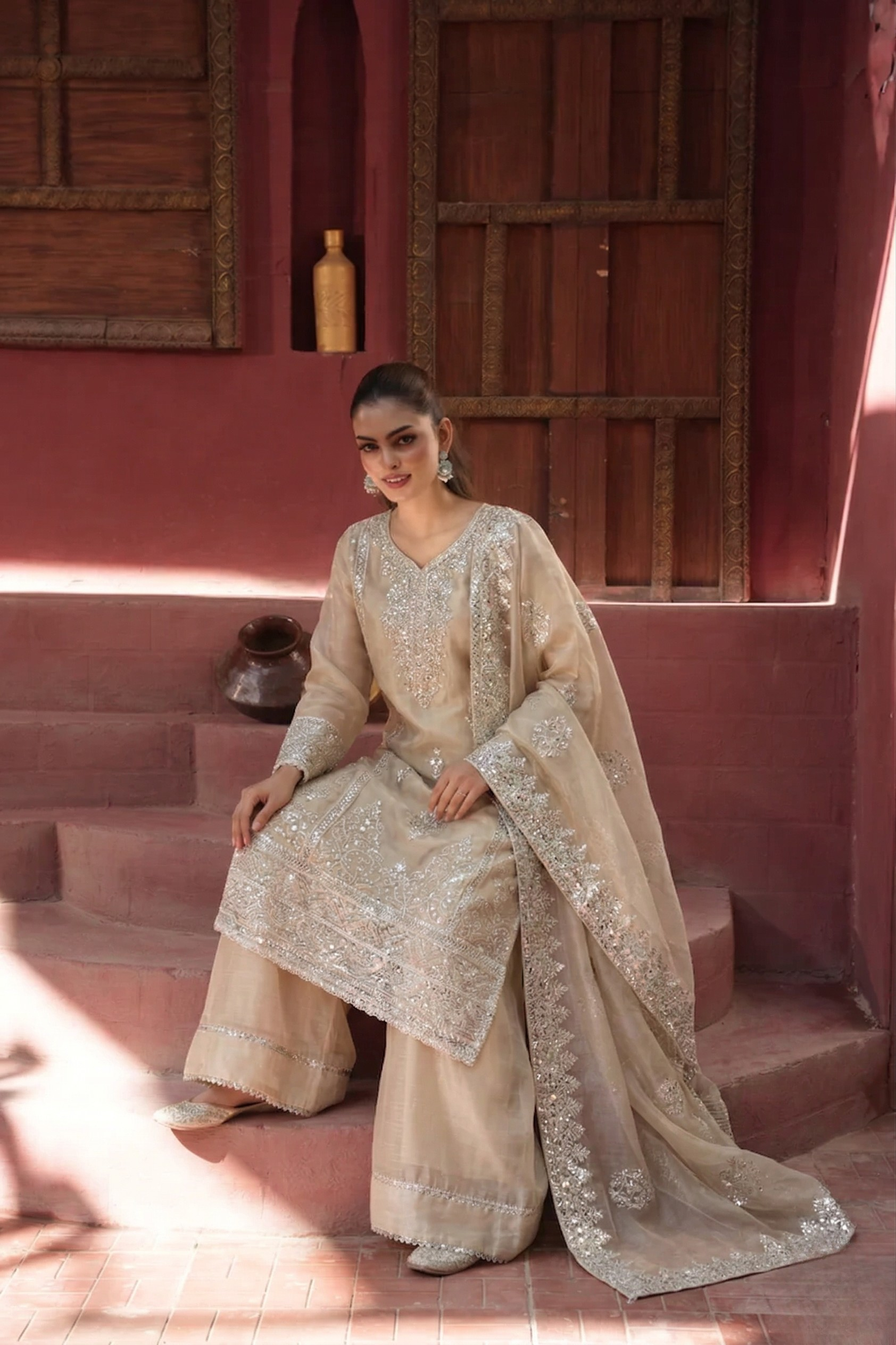 Afra Khadi 3 Piece Set - Ivory