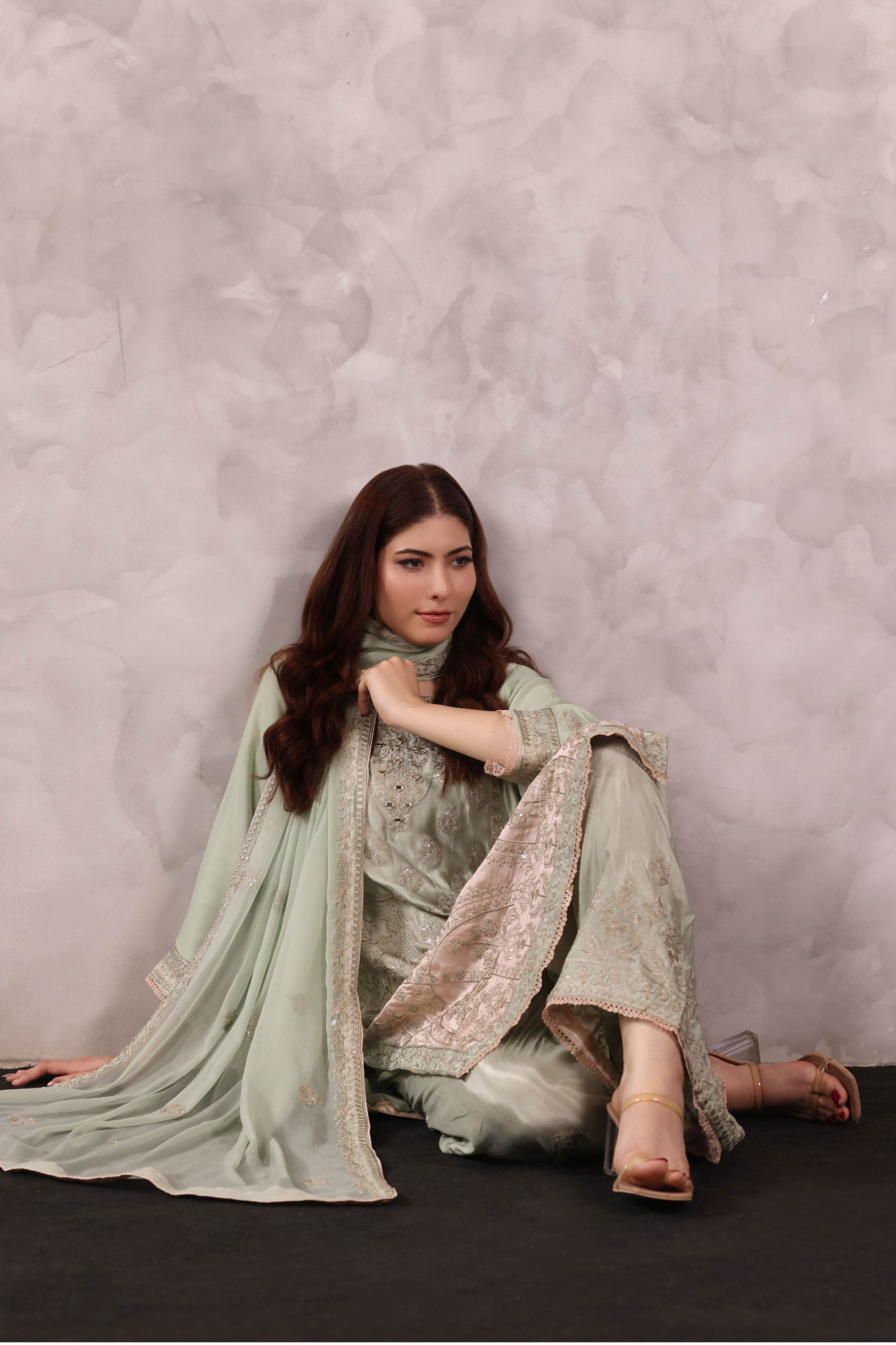 Areeba Raw Silk 3 Piece Set - Mint to Blush