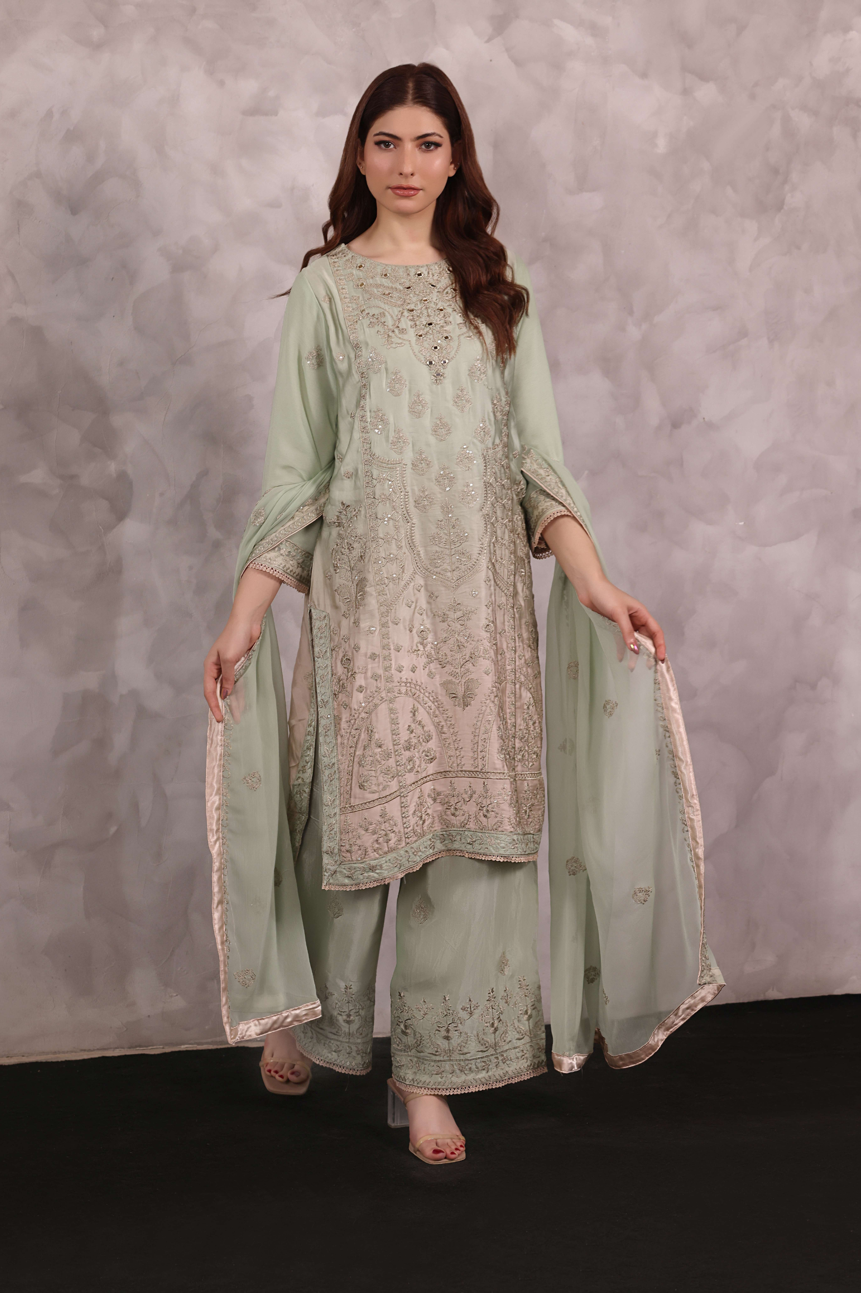 Areeba Raw Silk 3 Piece Set - Mint to Blush