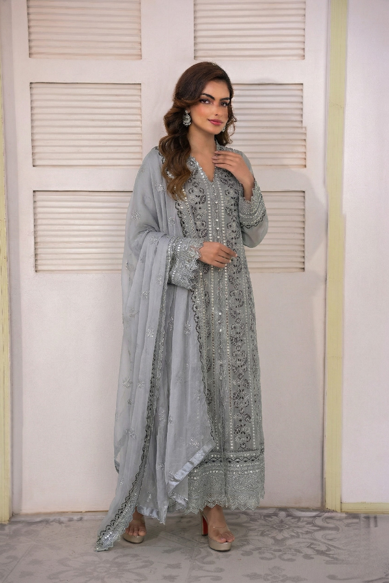 Long Freya Mirrorwork 3 Piece Set - Grey