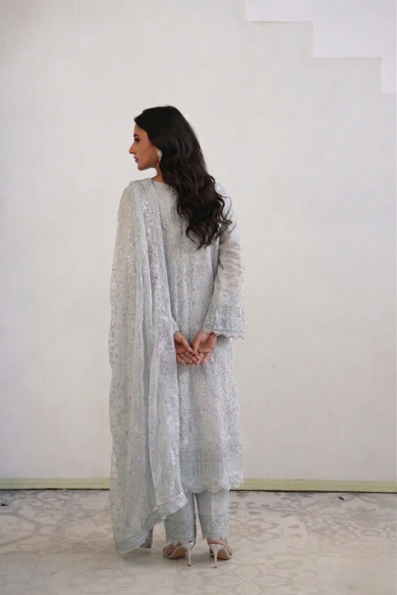 Areeba Chiffon 3 Piece Set - Baby Blue