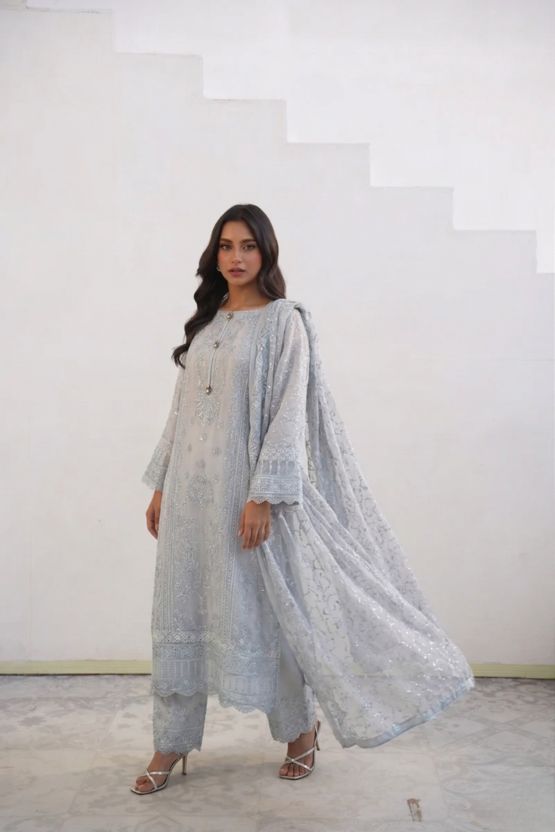 Areeba Chiffon 3 Piece Set - Baby Blue