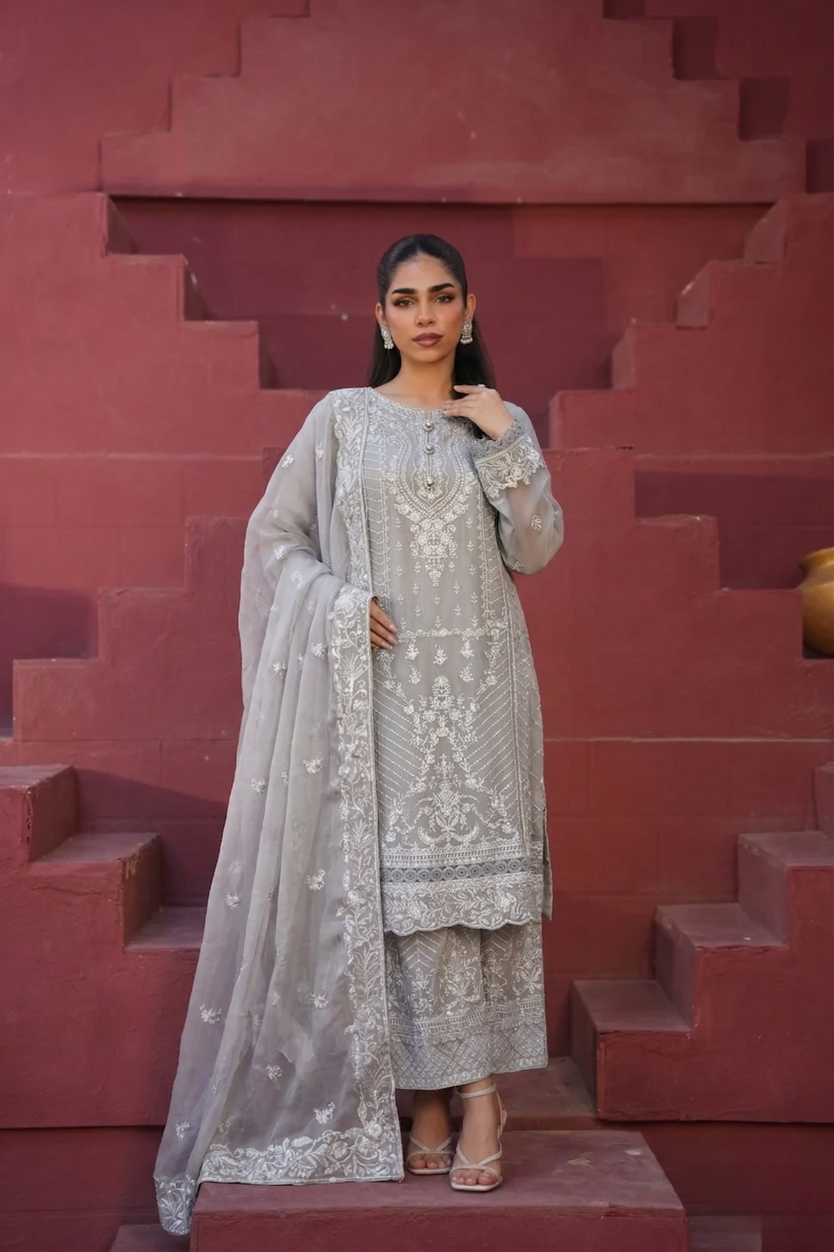 Areeba Palazzo 3 Piece Set - Grey