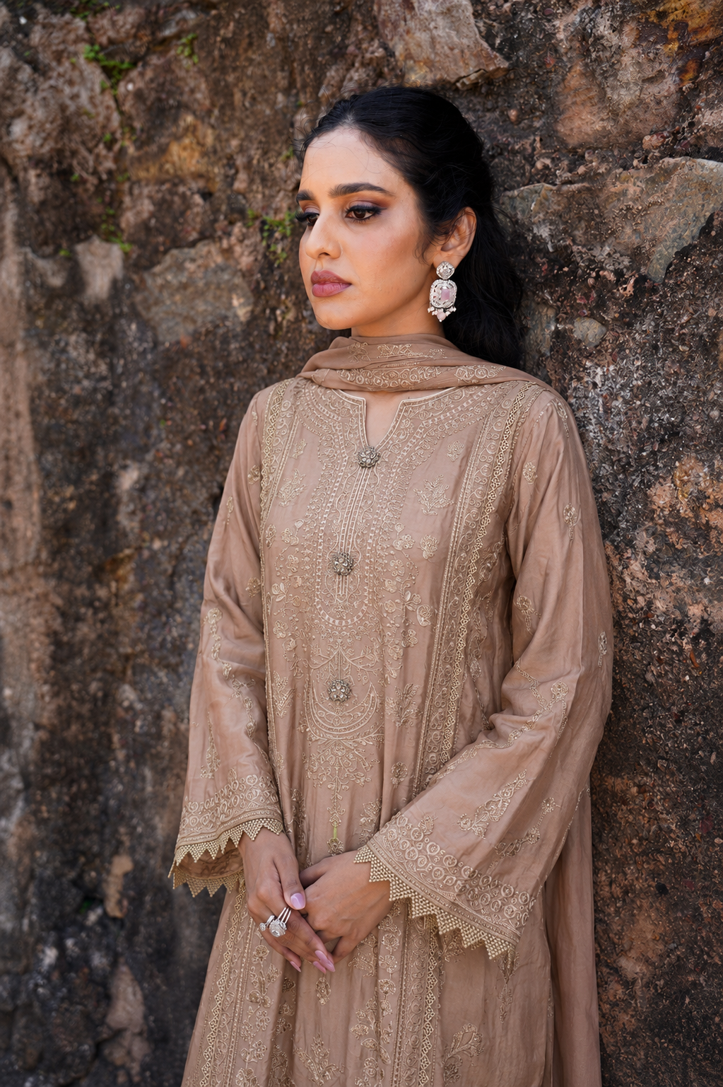 Areeba Silk Gown 3 Piece Set - Bronze