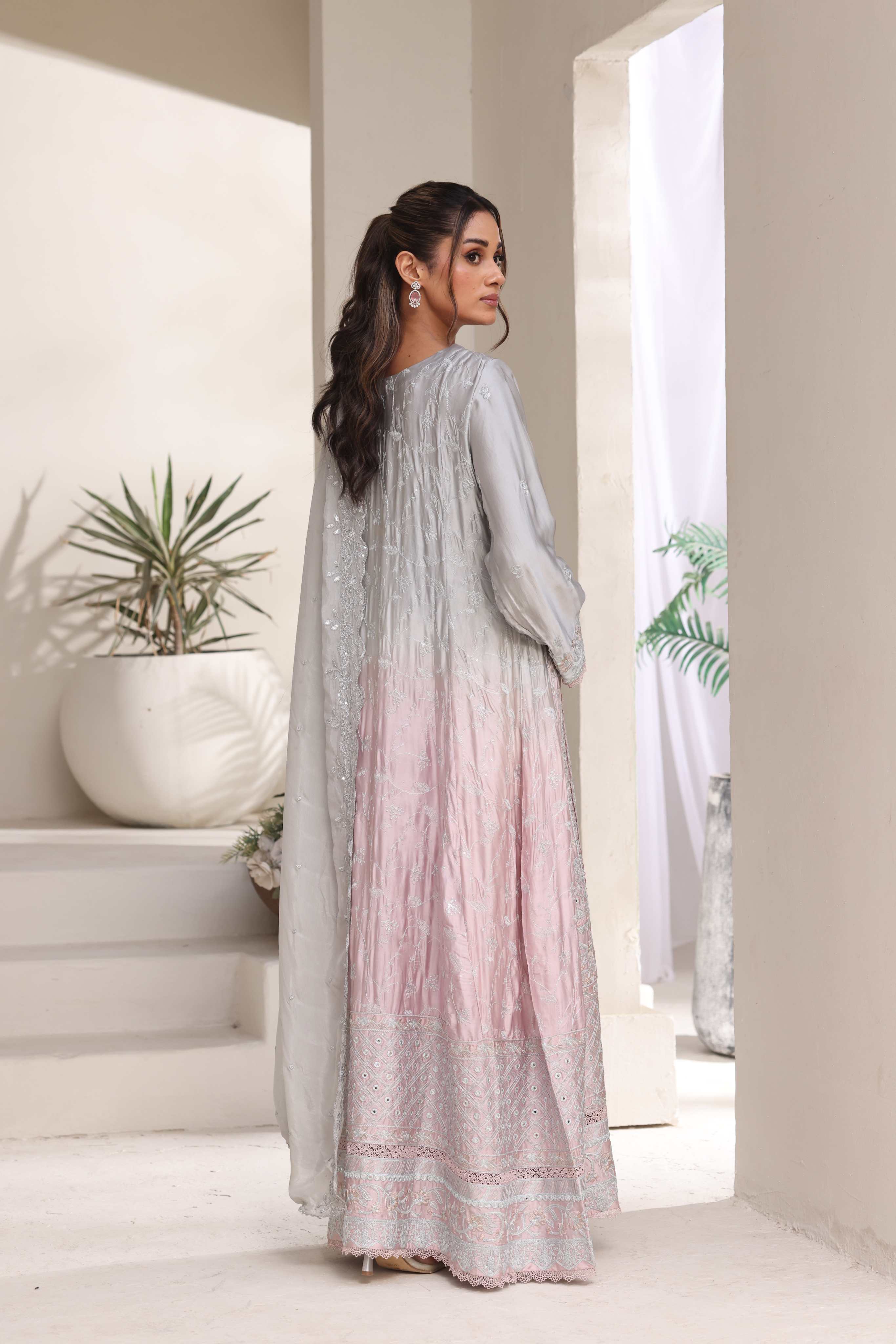 Areeba Silk Gown 3 Piece Set - Grey to Pink
