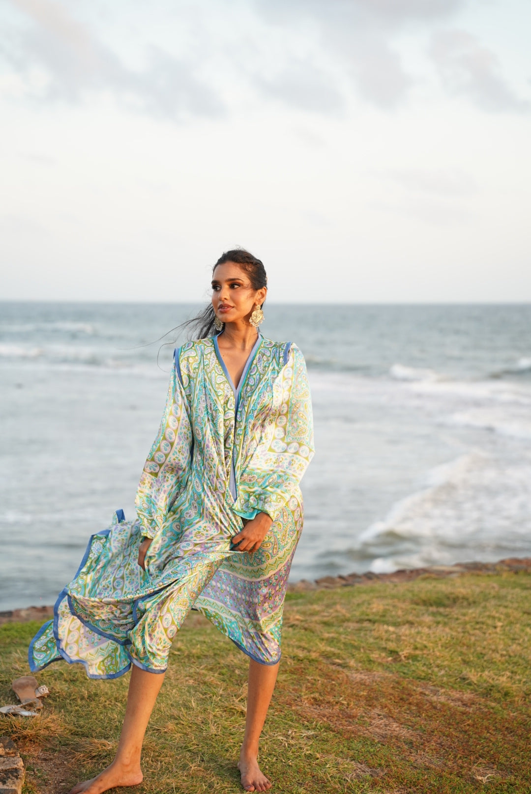 Printed Flared Kaftan - Blue & Green
