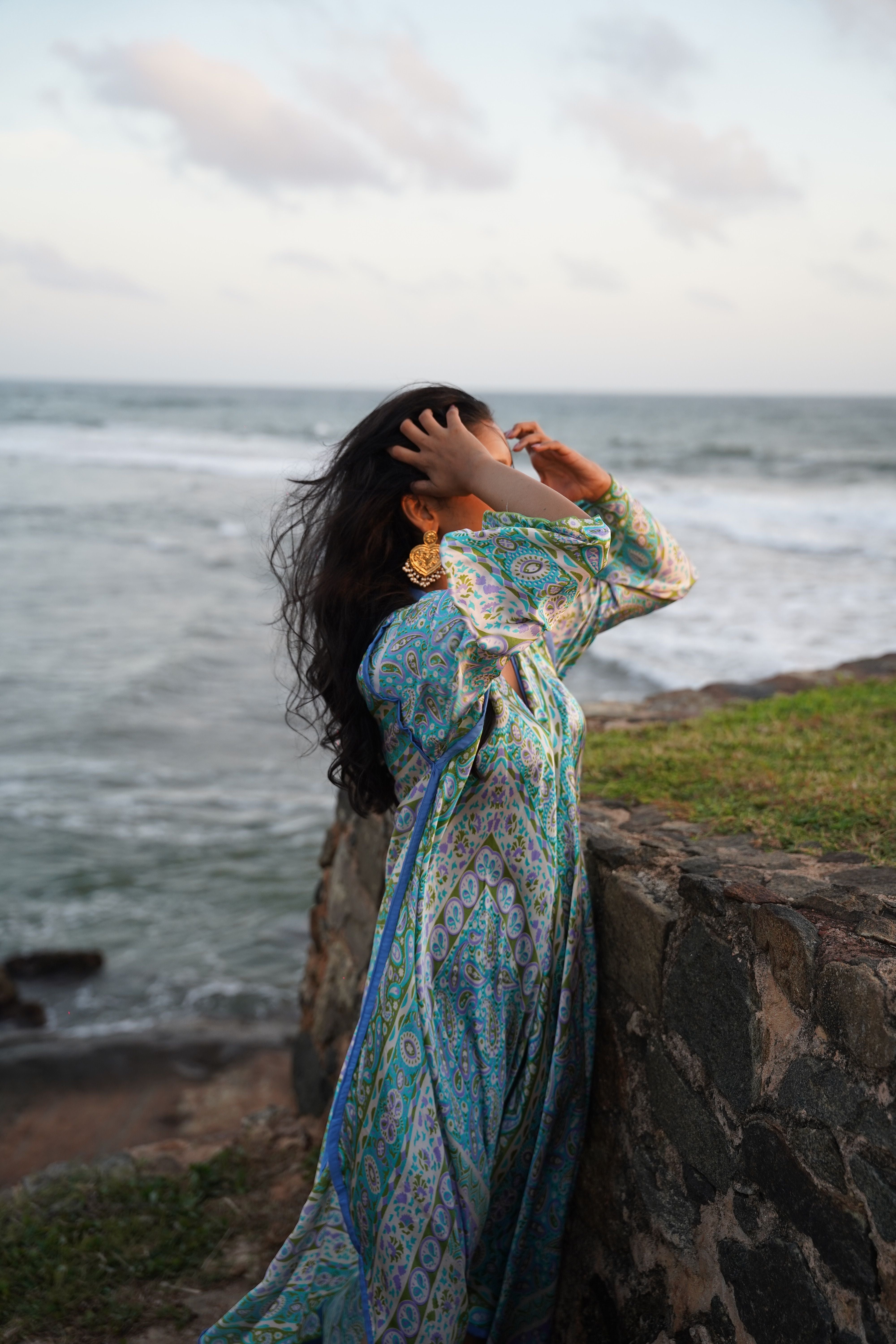 Printed Flared Kaftan - Blue & Green
