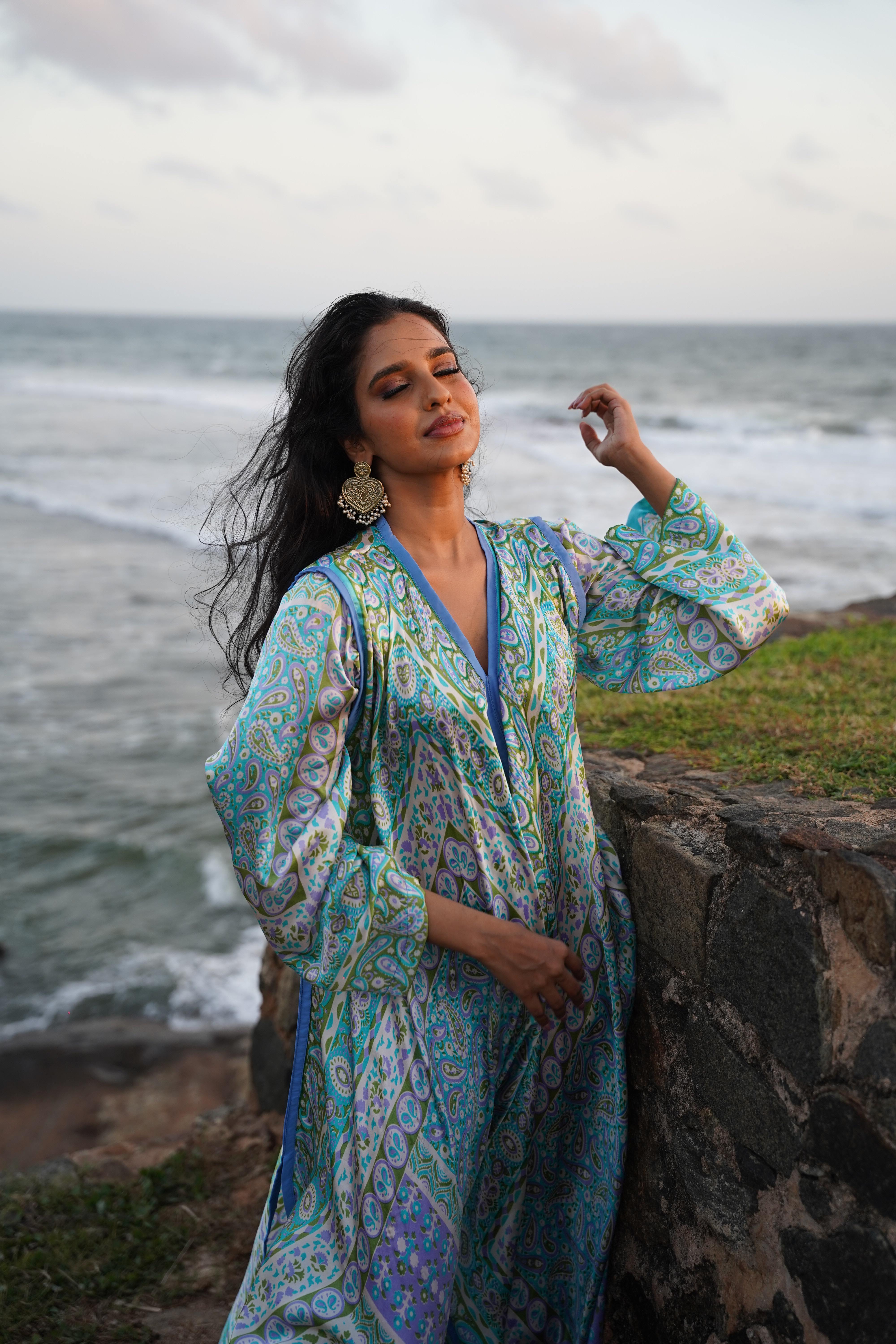 Printed Flared Kaftan - Blue & Green