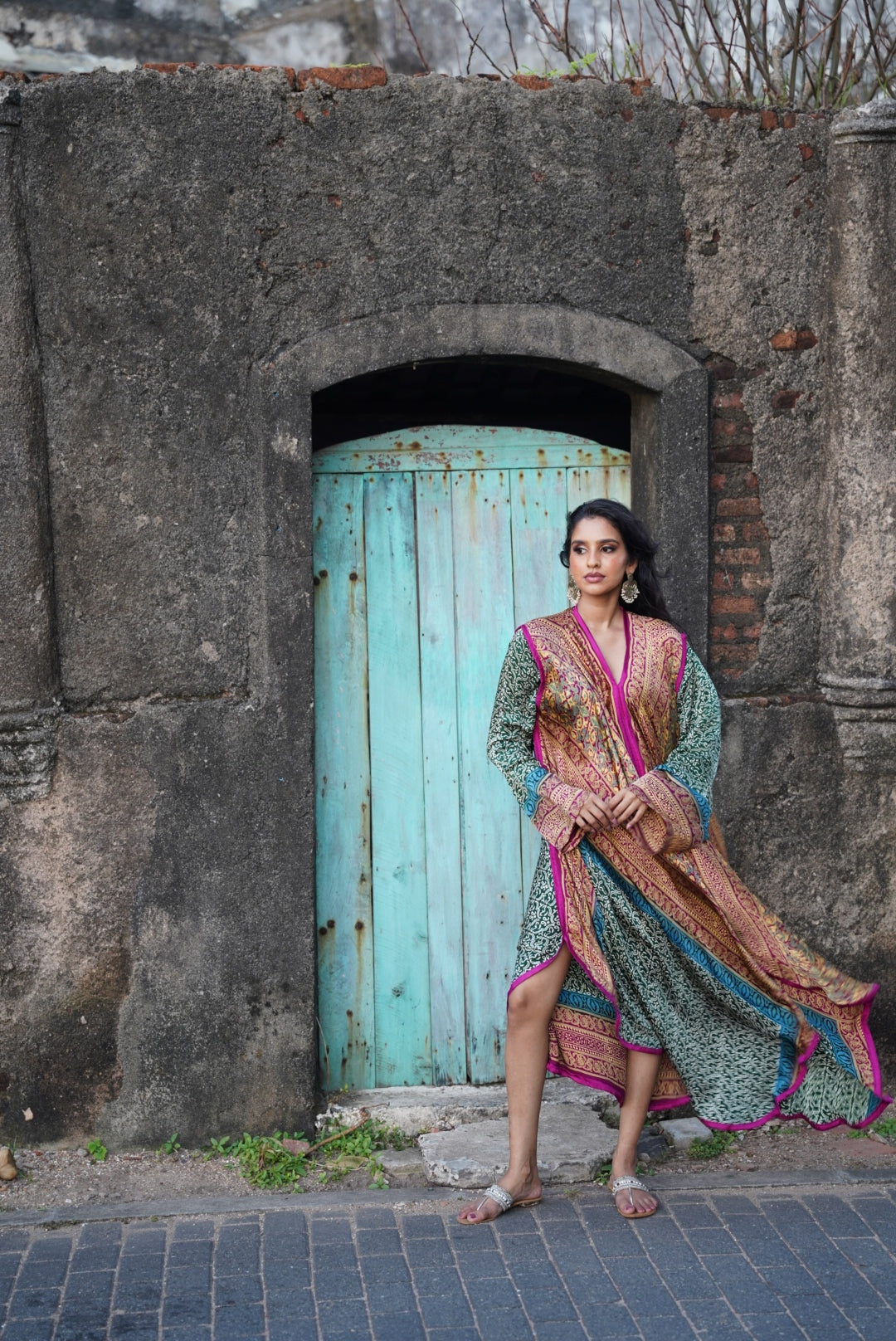 Printed Flared Kaftan - Magenta & Gold