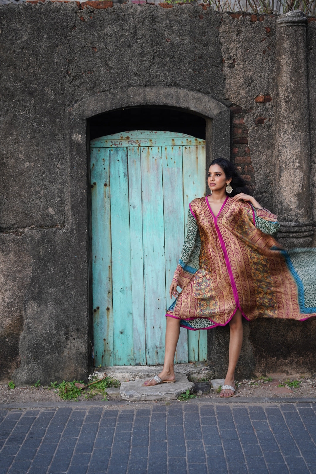 Printed Flared Kaftan - Magenta & Gold