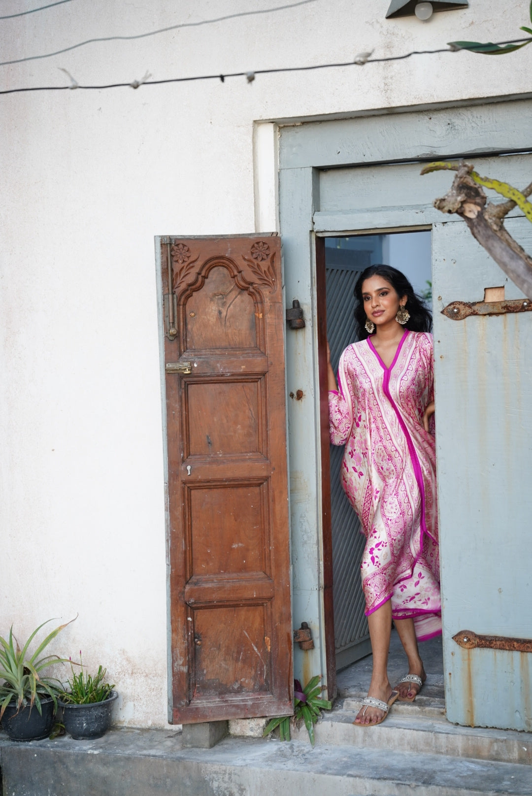 Printed Flared Kaftan - Magenta & Baby Pink