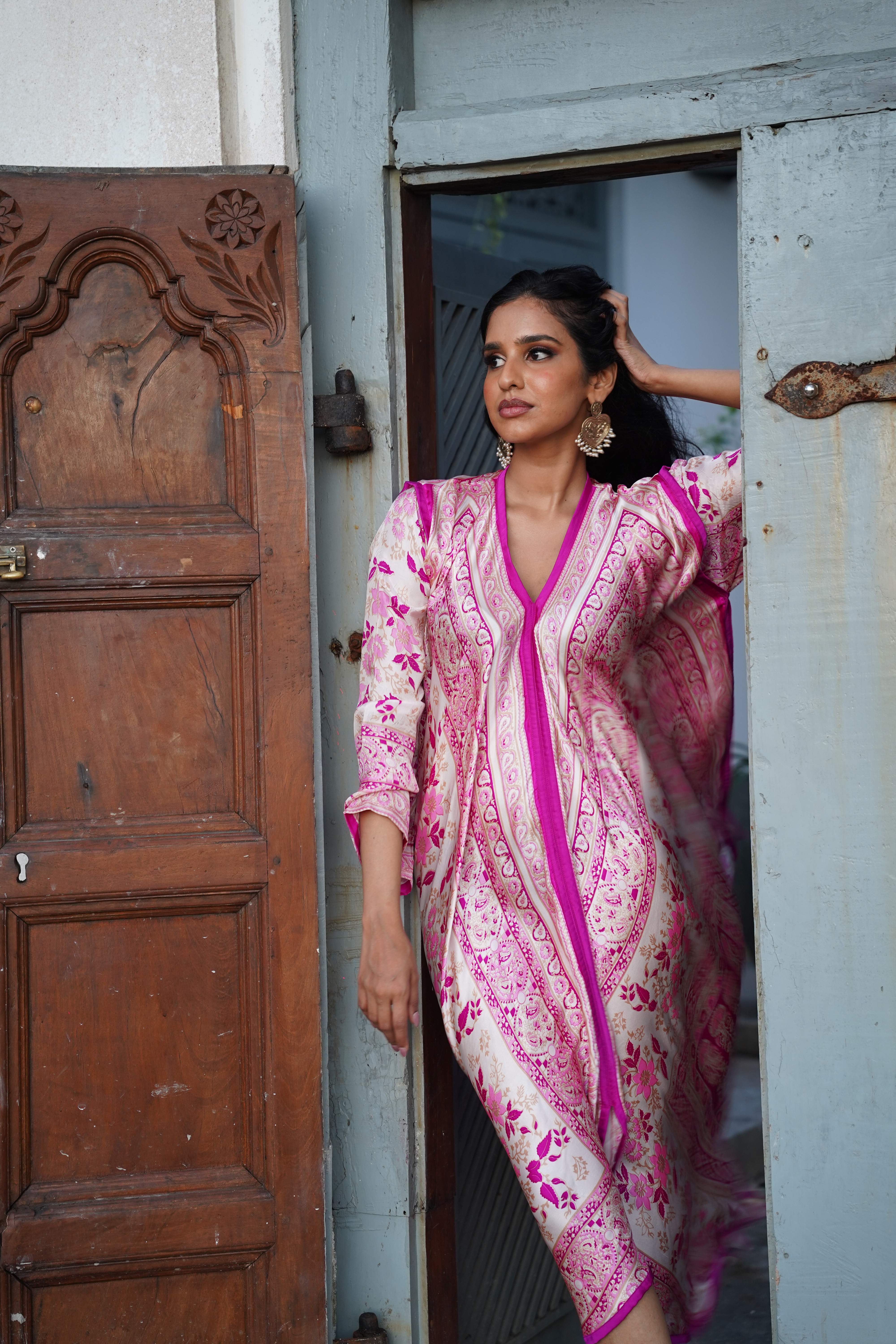 Printed Flared Kaftan - Magenta & Baby Pink