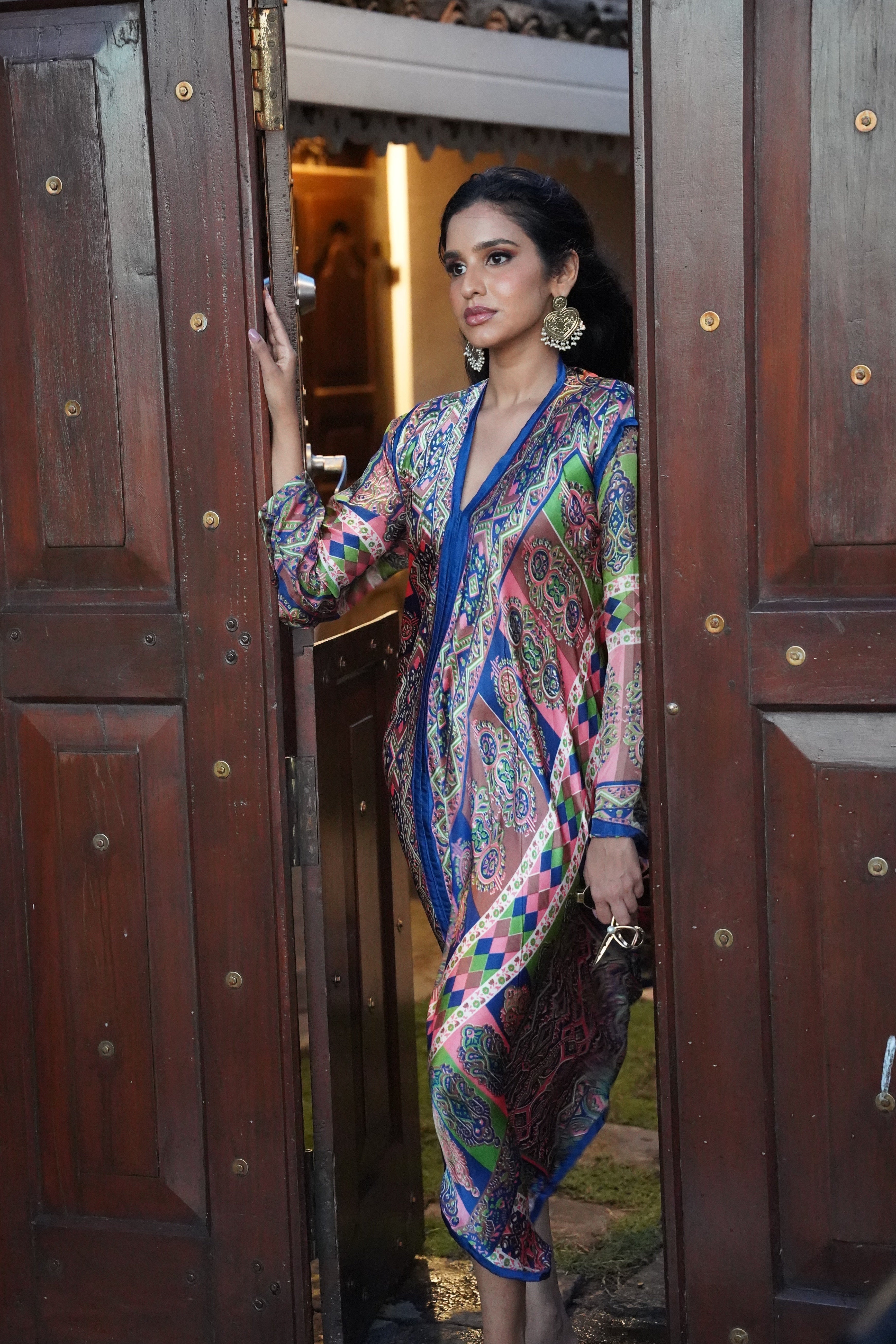 Printed Flared Kaftan - Navy Blue & Salmon Pink