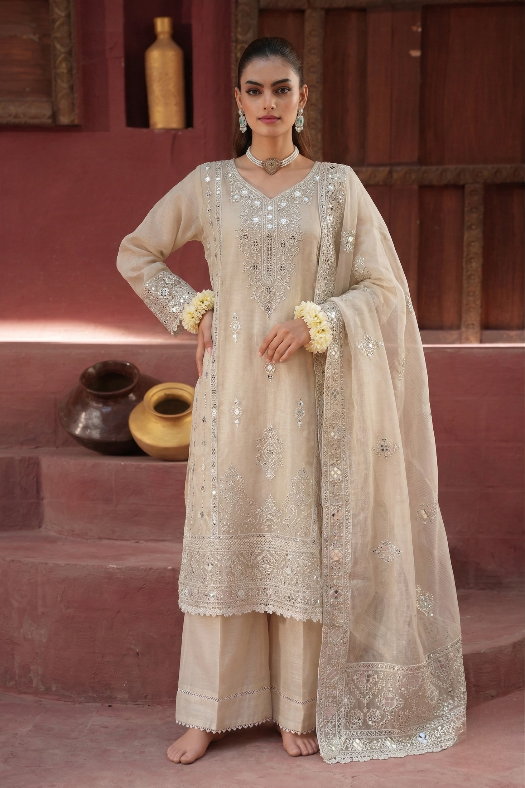 Afra Khadi 3 Piece Set - Ivory
